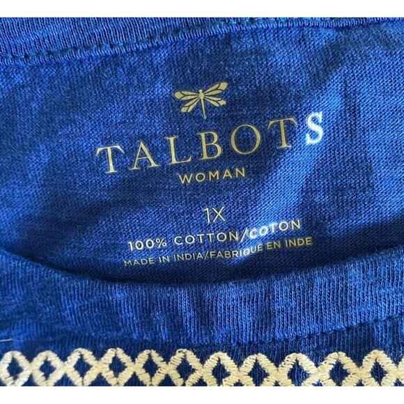 COPY - Talbots T-Shirt Top Size 1X Blue White Embroidered Short Sleeve Crew Nec… - Picture 5 of 7